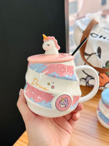 Adorable Rainbow Unicorn Ceramic Mugs with Lid Spoon Home Use Water Cups High Aesthetic Value Birthday Gifts for Girls