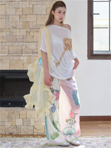 Sweet Style Printed Wide Leg Pants Color Block Casual Trousers Fashionable Versatile Womens High Waist Floral Patterned Autumn New Arrival