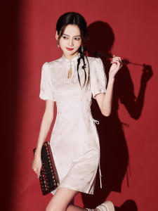 White Short Cheongsam Dress Young Girls Style Simplified Design Daily Wear Summer New Arrival Polyester Fiber Short Sleeve