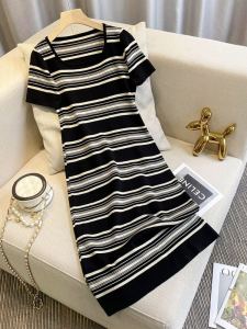 plus Size Striped Knitted Dress Square Neck Loose Fit Midi Summer New Style Simple Design for plus Size Women Comfortable Dress