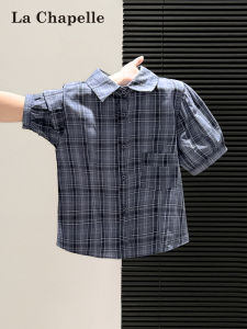 La Chapelle | Retro American Style Plaid Short Sleeve Puff Sleeve Shirts