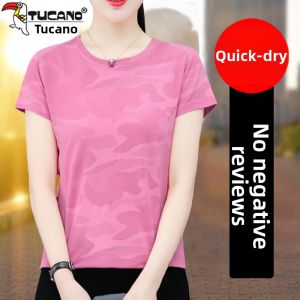 TUCANO Brand Ice Silk Quick Dry Short Sleeve T-Shirt Womens Summer Thin Fashion plus Size Top round Neck Regular Length