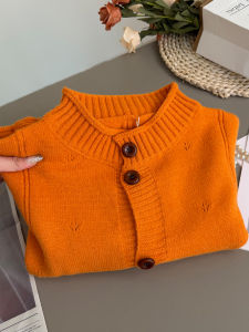 QINGNAER | Oversized Orange Hook Flower Hollow-out Single Button Knit Cardigan