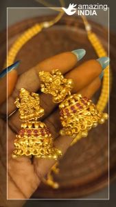 Premium Matte Gold New Lakshmi Ganesha Design Indian Choker Set Long Chain