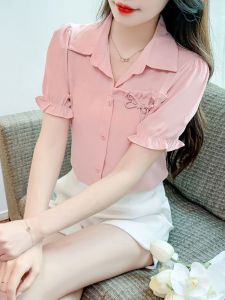 NUANKONG | New Elegant Waist-cinching French Style Short Sleeve Shirt Womens Summer