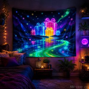 VIKAMA Neon Pink Blue Two Gift Box Aurora Waterfall Rock Starry Present Christmas Tapestry Bedroom Living Room Dorm Home Decor