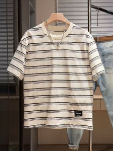 Summer Trendy Mens round Neck Short Sleeve T-Shirt Striped Splicing Color Collision Casual Breathable Loose Fit Cotton Tee