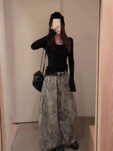 American Retro Leopard Print Wide Leg Low Waist Knife Edge Denim Pants Womens Autumn 2025 New Loose Fit Floor Length Scythe Jeans