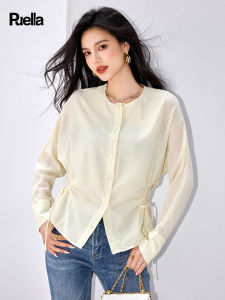 Puella Womens Shirt Slim Fit Korean Style Elegant Folded Waist Design Long Sleeve round Neck Pure Color Commute Fashion