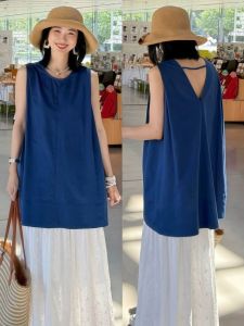 Blue Straight Tube Loose Sleeveless Blouse for Women