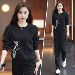 Spring Autumn Womens Sportswear Set Casual Long Sleeve round Neck Two Piece Suite Fashionable Retro Chinese National Style