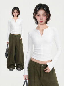 KBVVR | White V-Neck Half-Zip Long Sleeve Slim Fit T-Shirt