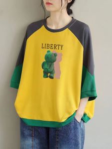 Spring & Fall Plus Size Loose 100% Cotton Top Women's Minimalist Anti-Aging Casual Print Color-Block Crew Neck Half Sleeve Pure Cotton T-Shirt