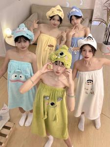 Cartoon Coral Fleece Bath Towel Womens Quick Dry Wearable Robe Skirt Hair Dryer Cap Three Piece Set Summer Absorbent Home Wear