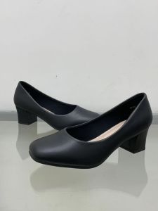 รองเท้าส้นสูงแบบสวมสำหรับผู้หญิง ส้นสูงปานกลาง สไตล์เกาหลี หนัง PU สำหรับใส่ไปทำงาน สีดำ ทรงหัวเหลี่ยม ทรงหัวมน