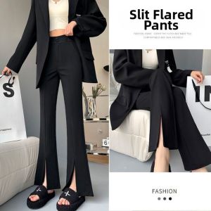 Lieoyuarn | Solid Color Elasticated High Waist Slimming Flared Slit Wide Leg Pants