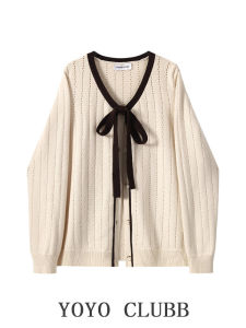 เสื้อสเวตเตอร์คอวีย้อนยุคสไตล์ฝรั่งเศส YOYO CLUBB สำหรับผู้หญิง ฤดูใบไม้ร่วง 2024 เสื้อคลุมกันหนาวแบบยาวปานกลาง แขนยาว ปกติ