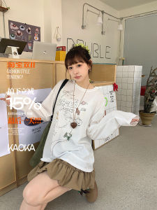 Soft Cotton Long Sleeve round Neck T-Shirt White Cartoon Print Comfortable Loose Casual Versatile Streetwear Style Womens Top