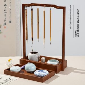 MeiLin Double Layer Bamboo Calligraphy Brush Holder Modern Wooden Brush Storage Rack Traditional Chinese Study Decorative Piece