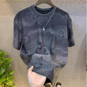American Style Mens round Neck Short Sleeve T-Shirt Summer Thin Luxury Fashionable Trendy Diamond Studded Casual Top