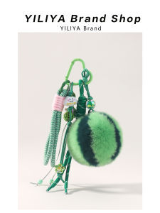 YILIYA Real Rabbit Fur Keychain Cute Plush Ball School Bag Hanging Decoration Green Watermelon Shaped Car Key Holder