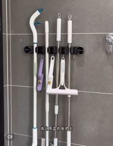 New upgraded track type suction cup mop rack with four clips Space Aluminum Mop Clip Balcony Punch-Free Buckle Hook Bath