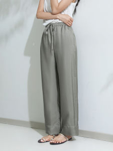 Miccbeirn | Casual Silk Wide Leg Pants Straight Cut Loose Fit Elastic Waist Long Trousers Simple Style Summer Commute Miccbeirn