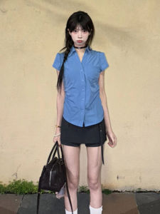 YUEZHONGWEI | Slim Fit Blue Short Sleeve Shirt Womens Summer Unique Beautiful Waist Cinched Fashionable Short Style Korean Version Polo Collar