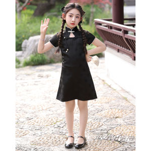 Black Girl Cheongsam Summer Thin Style Childrens Traditional Chinese Dress Little Girl Skirt Suit Child Clothing Ethnic Costume