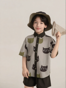 Cotton Breathable Cat Print Boys Shirt Short Sleeve