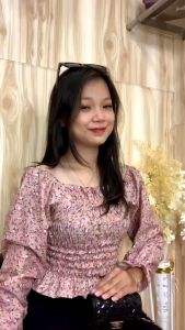 Crop top korean style vintage printing bunga lengan panjang