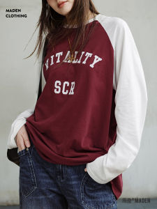 เสื้อยืดแขนยาวผู้หญิง Maden American Style ทรงหลวม ผ้าฝ้ายแท้ สีสันตัดกัน แฟชั่นฤดูใบไม้ร่วง คอกลม ปกติ