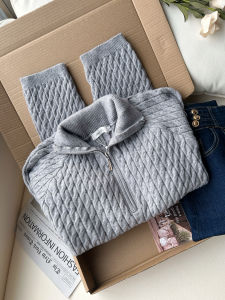 QINGNAER | Gray Jacquard Half-Zip Turtleneck Slim Vintage Knit Sweater