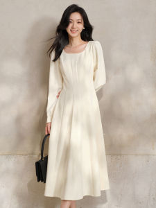 Vintage Square Neckline Spring Waist-Cinching Slimming Dress