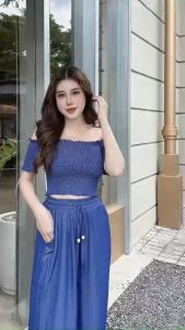 Set Jean Áo Trễ Vai Quần Suông Ống Rộng
