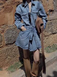 Retro Design Blue Slimming Pocket Denim Dress Womens Spring Autumn New Style Hong Kong Flavor Commute Vintage Skirt
