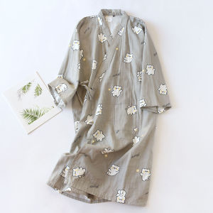 Cotton Kimono Style Sleepwear Thin Pure Cotton Belted Open Cardigan Long Sleeve for Couples Spring Summer Home Clothes