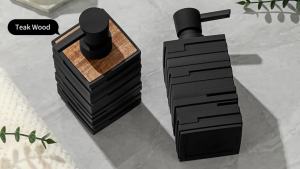 Matte Black with Teak Wood Decoration Soap Dispenser for Bathroom Kitchen Countertop Square Large Capacity 10 oz