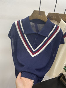 Ice Silk Áo Thun Nữ Tay Ngắn Nữ Mùa Hè Màu Sắc Tương Phản Áo Size Lớn Dáng Rộng Không Tay Quần Lót Phiên Bản Mỏng