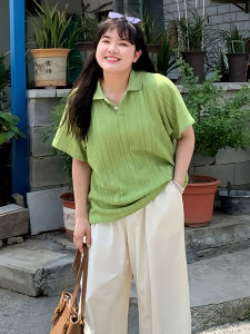 plus Size Polo Neck Knitted Short Sleeve T-Shirt Women Summer Loose Concealing Slimming Top Comfortable Breathable Korean Style