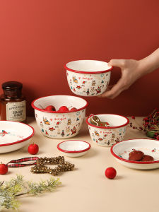 เครื่องใช้บนโต๊ะอาหารลายดอกบัวสีฟ้าสำหรับเด็กทานข้าวในวันคริสต์มาสจานเซรามิกน่ารักชามข้าวใช้ในบ้านชามก๋วยเตี๋ยวสำหรับใช้ส่วนตัวดูดี