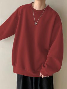 Red Wine Color Cotton Sweatshirt Mens Fashion Brand round Neck Long Sleeve Loose Fit Spring Autumn Winter T-Shirt Casual Style