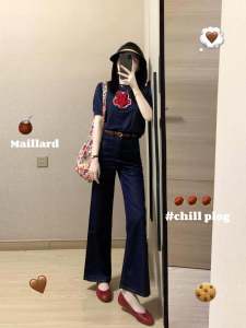 กางเกงยีนส์ทรงหลวมเอวสูงทรงตรงผ้าลินินสีน้ำเงินเข้ม กางเกงขายาวทรงหลวมสำหรับผู้หญิงในช่วงฤดูร้อน