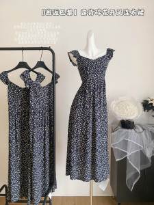 ชุดเดรสยาวปานกลางแขนสั้นเปิดหลังพิมพ์ลายดอกไม้สำหรับผู้หญิง ฤดูร้อนปี 2024 เอวสูงกระโปรงทรงเอ ชุดทำงาน ชุดเดรสยาวปานกลาง