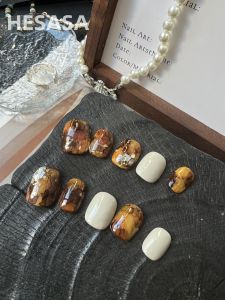 HESASA Ice Amber Nail Art Designers Ink Diffusion Handmade Wearable Nails Pure Handmade Ice Amber Nail Tips Nail Extensions