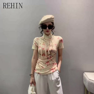 REHIN High-end Womens Chinese-style Stand-collar Short-sleeve T-shirt with Ink Painting Print and Traditional Buckle Design Top