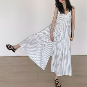 Casual Wide Leg Pants Romper Summer New Style Loose Slimming Womens Striped Tube Dress Cotton Fabric Belted mid Waist