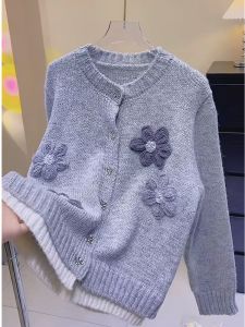 Korean Style Floral Knit Sweater Jacket Womens Mini Size Spring Autumn New Grey Versatile Open Cardigan Long Sleeve round Neck