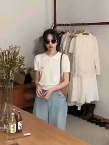 ZANZEN Womens Knitted Button Short Sleeve Top Bow Casual Solid Color T-Shirt