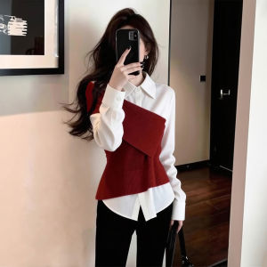 XUECAIQI | Red Waist Cinching Knitted Pseudo Two-Piece Shirt